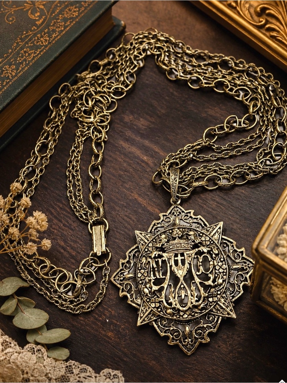 ART Arthur Pepper Heraldic Medallion Scrollwork Coat Of Arms Pendant Necklace